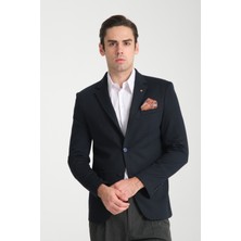 Frappoli Jasino Erkek Lacivert Pamuklu Likralı Slim Fit Örme Esneyen Mono Yaka Blazer Ceket