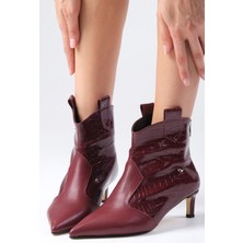 Mio Gusto Coralie Bordo Renk Fermuarlı, Ince  Kürk Astarlı Kısa Topuklu Kadın Bot