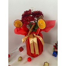 Kırmızı Renk Kasımpatı Çiçeği 20-30 cm Yılbaşına Özel Süslemeli(Portakal+Kozalak)