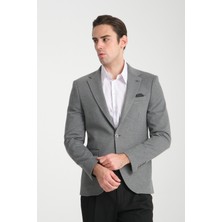 Frappoli Jasino Erkek Gri Pamuklu Likralı Slim Fit Örme Esneyen Mono Yaka Blazer Ceket