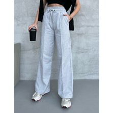 Mmetalic Kadın Mevsimlik Salaş Geniş Paça Yüksek Bel Gri Eşofman Altı