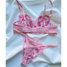 Shy Lola Lingerie Çiçekli Dantelli Pembe Sütyen Takımı /iç Çamaşır Takımı Tanga
