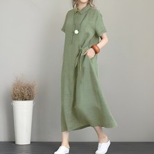 Keten Günlük Rahat Kısa Kol Yazlık Salaş Kadın Elbise