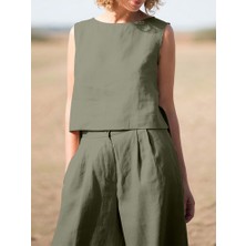 Keten Günlük Şık Alt Üst Kolsuz Kadın Takım