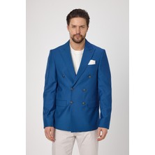 Frappoli Fatuse Erkek Mavi Kruvaze 6 Adet Metal Düğmeli 4 Mevsim Blazer Ceket