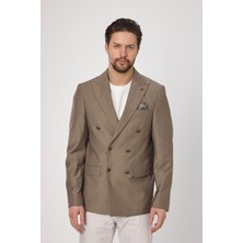 Frappoli Fatuse Erkek Vizon Kruvaze 6 Adet Metal Düğmeli 4 Mevsim Blazer Ceket