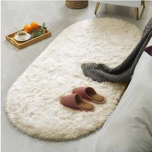 Raschel Carpet Krem Yıkanabilir Yumuşak Kaymaz Özel Taban Oval Peluş Halı Yolluk
