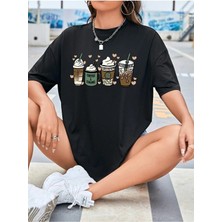 Mercoledi Coffee Caramel Baskılı Kadın Oversize T-Shirt Salaş Boyfirend