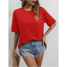 Mercoledi Tiny Heart Baskılı Kadın Oversize Kırmızı Salas T-Shirt Boyfriend