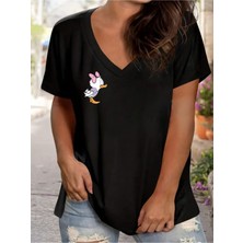 Mercoledi Kadın V Yaka Düz & Baskılı Siyah / Beyaz Oversize T-Shirt Salaş