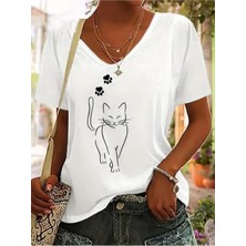 Mercoledi Kadın  Baskılı Kadın Oversize V Yaka T-Shirt Salaş
