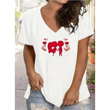 Mercoledi Kadın V Yaka  Baskılı Beyaz Oversize T-Shirt Salaş