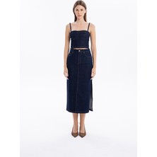 Yüksek Bel Cepli Yırtmaçlı Kadın Denim Etek