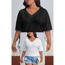 Mercoledi Kadın V Yaka 2'li Basic Siyah&beyaz Oversize T-Shirt Salaş Boyfirend