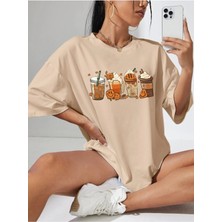 Mercoledi Toprak Oversize T-Shirt Coffee & Cartoon Baskılı