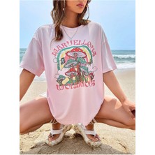 Mercoledi Marvellous Baskılı Pembe Oversize Salas Boyfriend Kadın T-Shirt Top Bluz