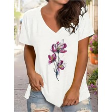 Kadın  Baskılı Kadın Oversize V Yaka T-Shirt Salaş