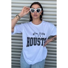 Mercoledi Houston Baskılı Kadın Oversize Saks Beyaz Salas T-Shirt Boyfriend