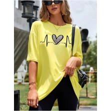 Mercoledi Kalp Ritmi Baskılı Kadın Oversize T-Shirt Salaş Boyfirend