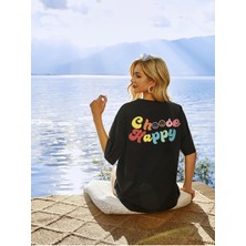 Mercoledi Kadın Siyah Choose Happy Baskılı Oversize T-Shirt