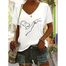 Kadın  Baskılı Kadın Oversize V Yaka T-Shirt Salaş