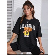 Mercoledi Kadın Losangel 23 Baskılı Oversize Salaş Bej T-Shirt Ünisex Boyfirend