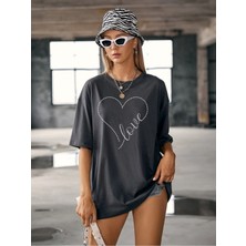Mercoledi Love Kalp Baskılı Füme Oversize T-Shirt Salaş Boyfirend