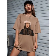 Mercoledi Hat Girl Baskılı Kadın Oversize Kahverengi T-Shirt