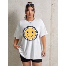 Mercoledi Think Happy Baskılı Beyaz Oversize T-Shirt Salaş Boyfirend