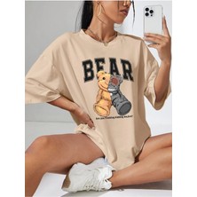 Mercoledi Bro Bear Baskılı Kadın Oversize Bej Salas T-Shirt Boyfriend