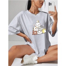 Mercoledi Cut Cats Baskılı Kadın Oversize Salas T-Shirt Boyfriend