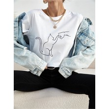 Mercoledi Cat Baskılı Kadın Oversize Salas T-Shirt Boyfriend