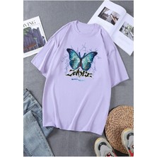 Mercoledi Kadın Lila Kelebek Baskılı Oversize T-Shirt