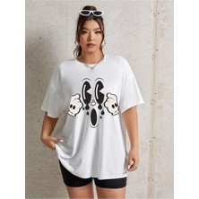 Karikatür Baskılı Beyaz Oversize T-Shirt Salaş Boyfirend