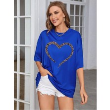 Leopar Kalp Baskılı Saks Mavisi Oversize T-Shirt Salaş Boyfirend