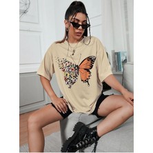 Kelebek Detay Baskılı Oversize T-Shirt Salaş Boyfirend