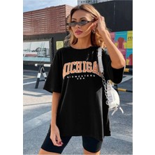 Siyah Michigan Baskılı Oversize Tshirt