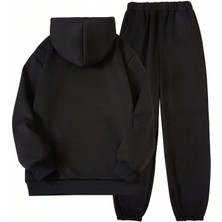 Basketbol Baskılı Erkek Siyah Kapüşonlu Alt Üst Takım Oversize Eşofman Takımı Kanguru Cep