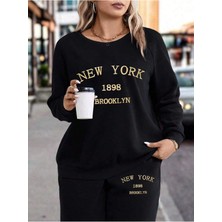 Kadın Baskılı Alt Üst Eşofman Takımı Oversize Kapüşonlu