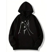 Kedi Dostu El Baskılı Kapüşonlu  Oversize Sweatshirt