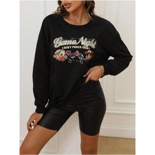 Mercoledi Game Night Baskılı Bisiklet Yaka Ünisex Siyah Oversize Sweatshirt