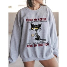 Mercoledi Kahve ve Kedi Baskılı Bisiklet Yaka Kadın Oversize Sweatshirt