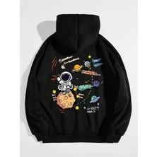 Mercoledi Unisex Siyah Gezegen Baskılı Kapüşonlu Sweatshirt