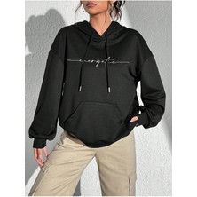 Mercoledi Energetic Baskılı Ünisex Siyah Kapüşonlu Oversize Sweatshirt