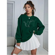 Mercoledi Kedi Dostu Baskılı Bisiklet Yaka Ünisex Oversize Sweatshirt