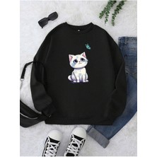 Mercoledi Kedi ile Kelebek Baskılı Bisiklet Yaka Ünisex Siyah Oversize Sweatshirt