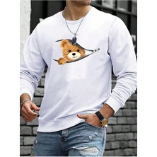 Mercoledi Fermuarlı Bear Baskılı Bisiklet Yaka Ünisex Beyaz Oversize Sweatshirt