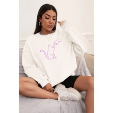 Mercoledi Kedi Dostu Baskılı Bisiklet Yaka Ünisex Oversize Sweatshirt