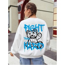 Mercoledi Fight Trust Hard Baskılı Bisiklet Yaka Ünisex Beyaz Oversize Sweatshirt