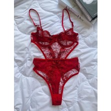 Shy Lola Lingerie Yeni Yıla Özel Kırmızı Brode Balenli Kapsız Bodysuit